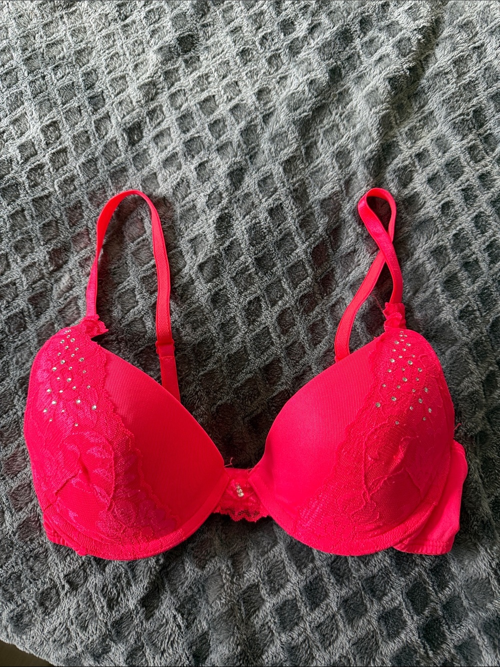aerie Bright Pink Lace Push-Up Bra with Rhinestone Detail